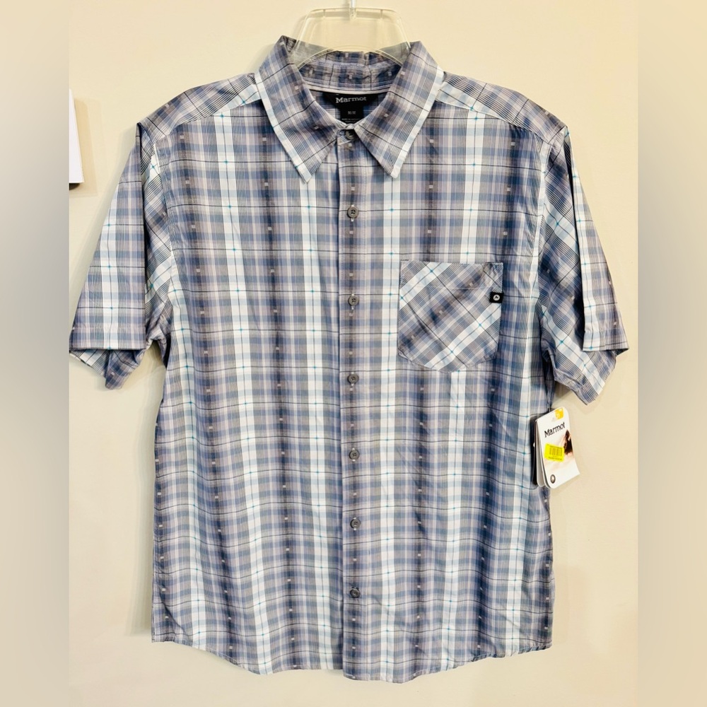 NWT Marmot Lukens Plaid UPF 35 Gray & Blue Short Sleeve Button Up‎ Shirt